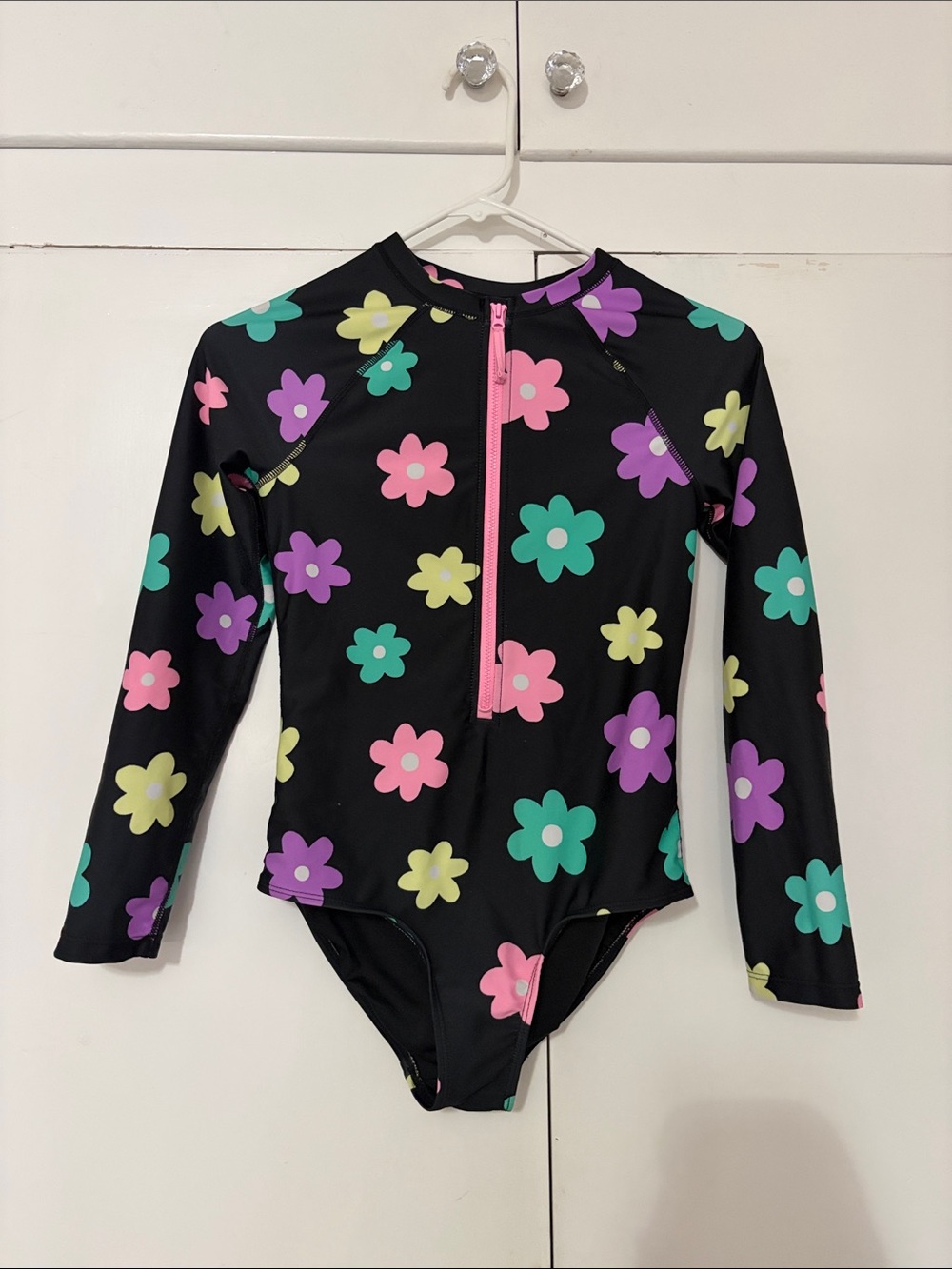 Old Navy Black Long-Sleeve Kids One-Piece Swimsuit with Pink Zip